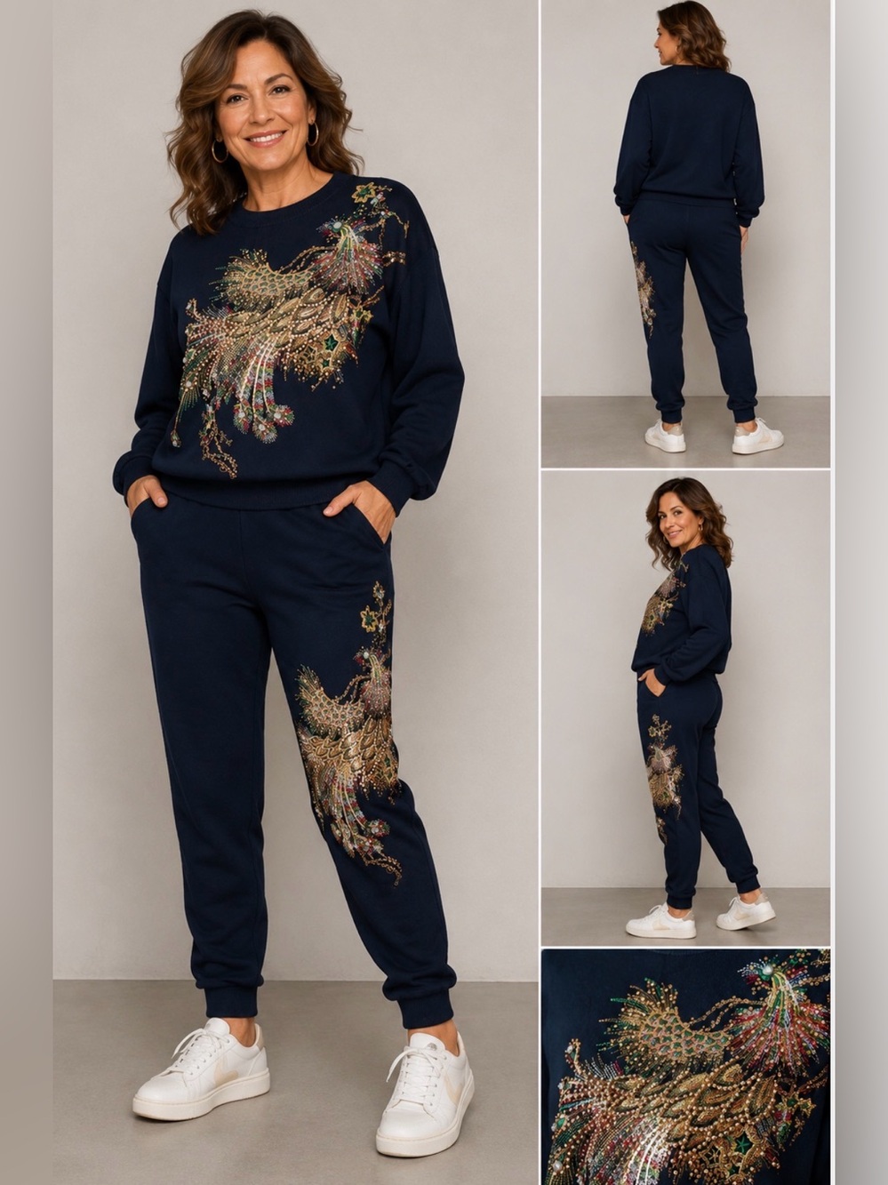Women's Black Sweatsuit Gold Bird Embellished Design, Sequins, Embroidery, Knit
